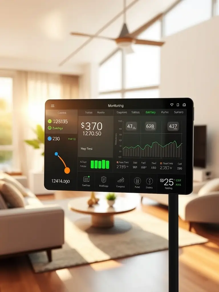 A detailed shot of the EcoCharge 5000's smart monitoring interface, displaying real-time energy usage, battery status, and cost savings, set against a backdrop of a sunlit living room.