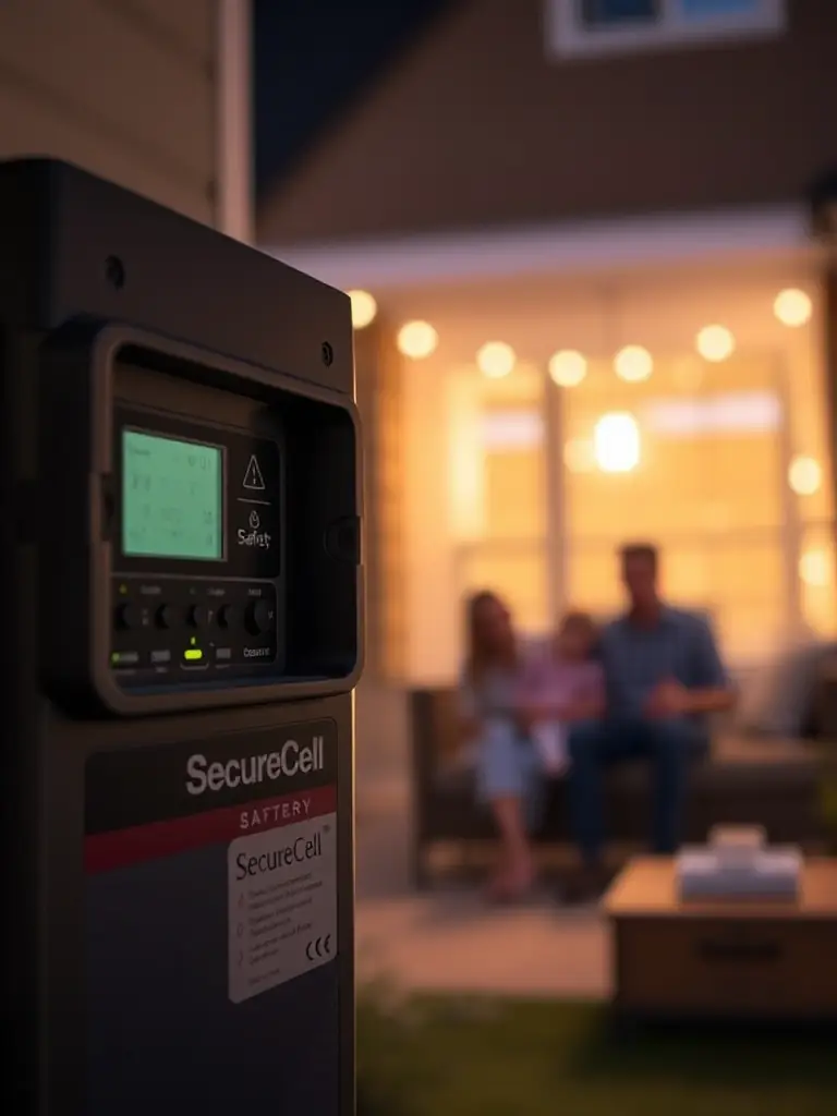 A close-up of the SecureCell battery module, highlighting its robust construction and safety features, with a blurred background of a family enjoying a well-lit home during a power outage.