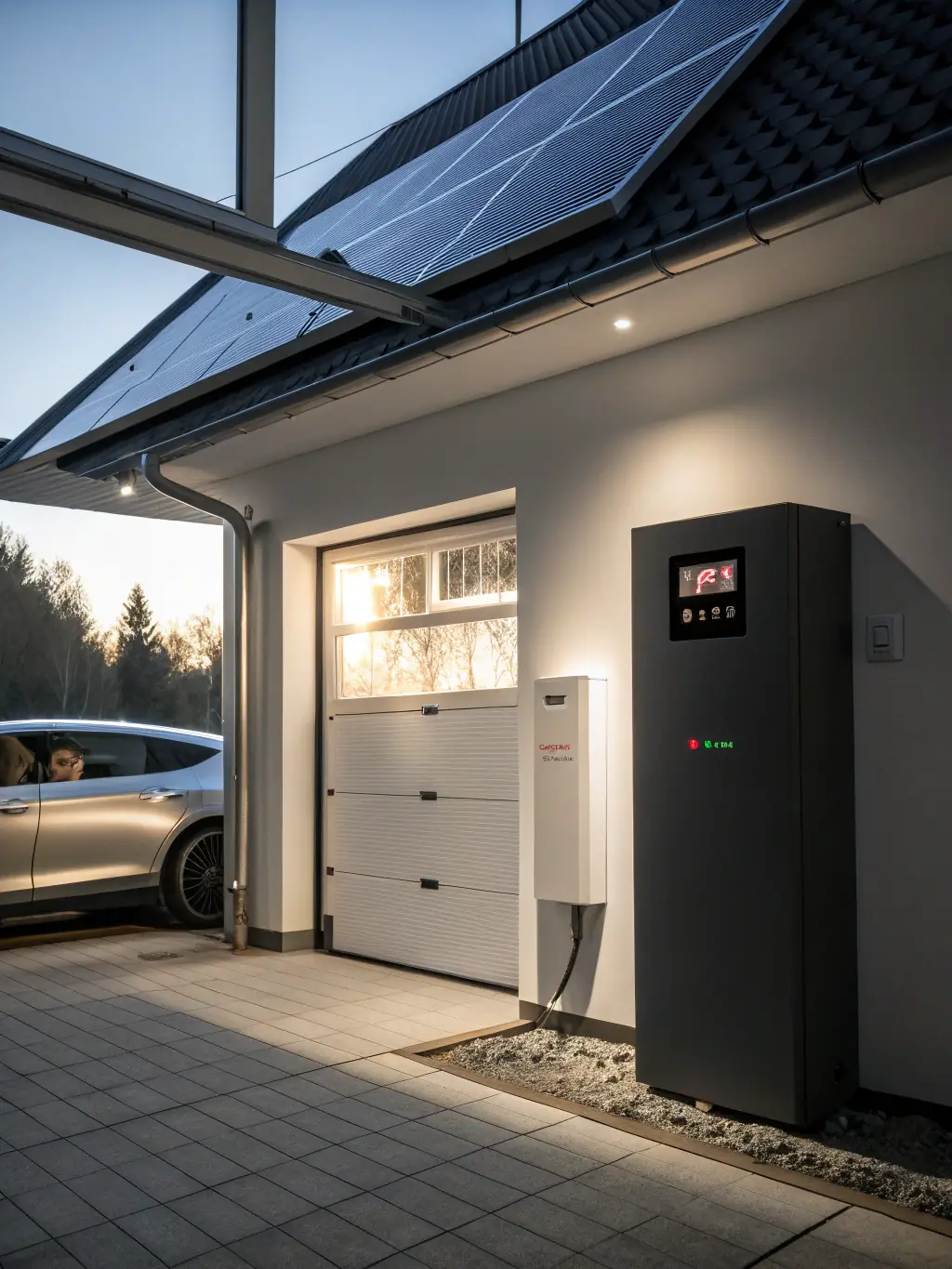 A high-resolution image of a sleek, modern home battery system installed in a contemporary home garage, showcasing its compact design and seamless integration with the home's electrical panel.