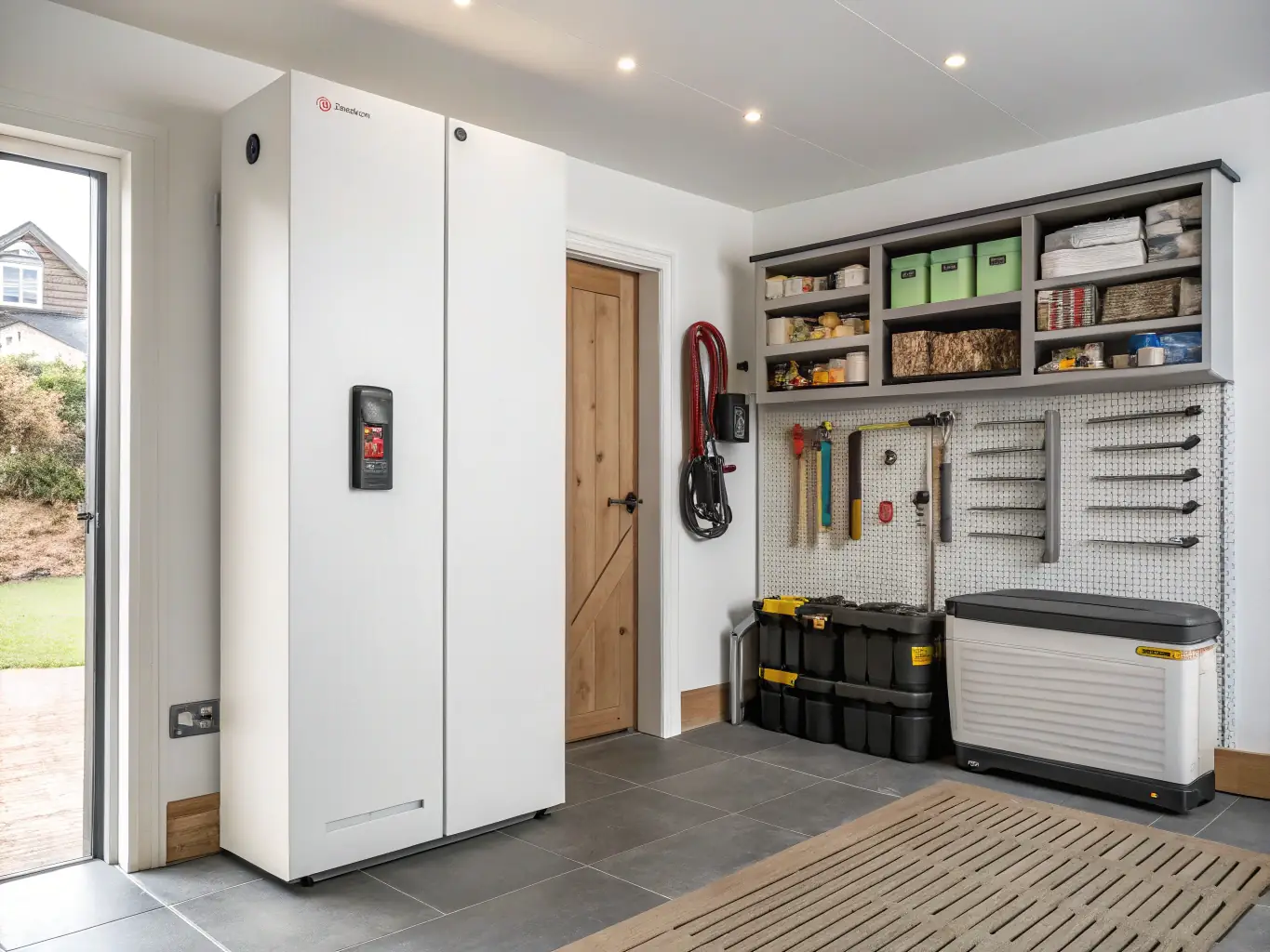 An outdoor installation of a home battery system, demonstrating its weather-resistant design and suitability for various environmental conditions.