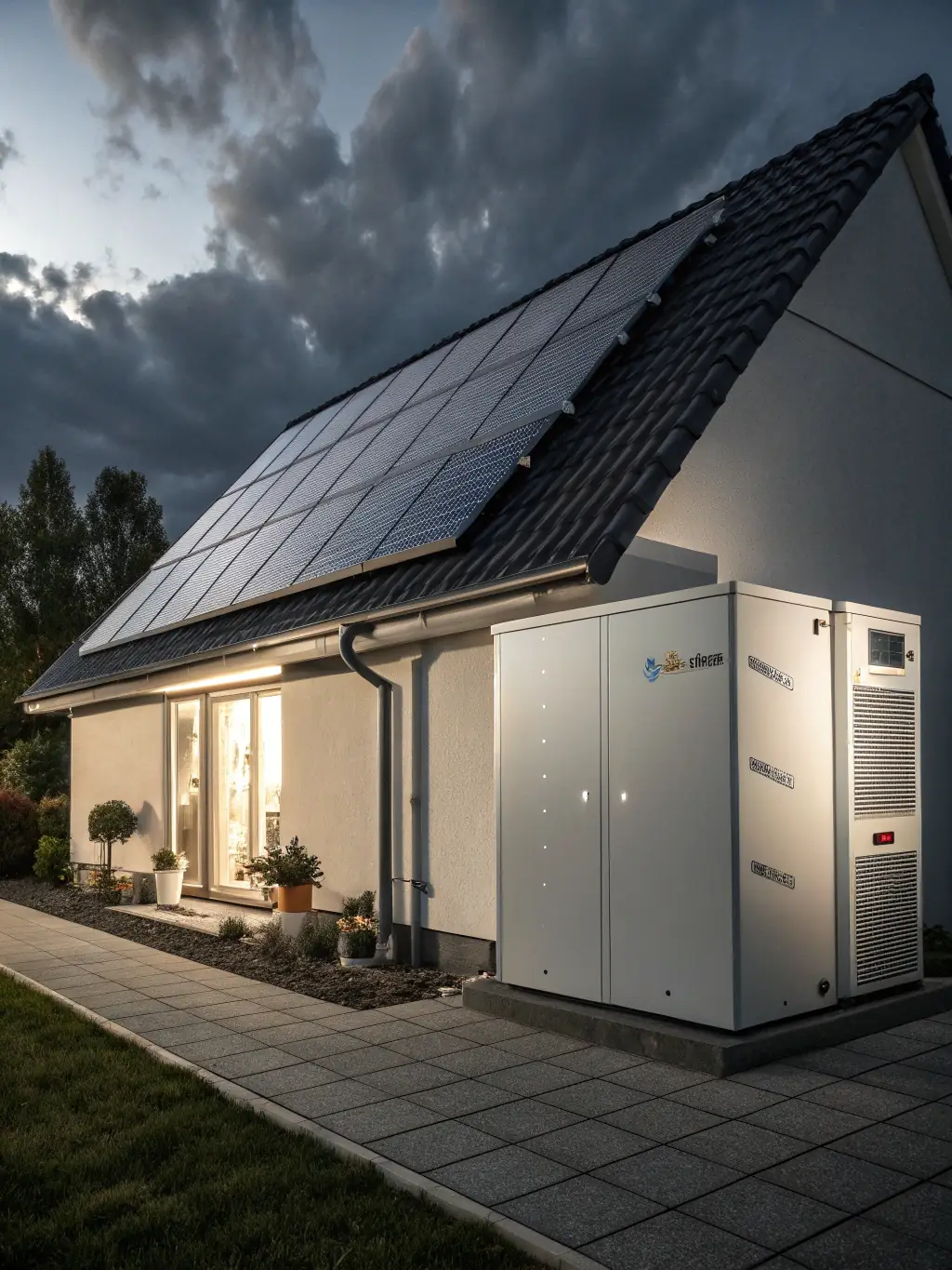 An image of the SolarMax 3600 paired with solar panels on a residential rooftop, emphasizing the system's ability to store solar energy for nighttime use and grid independence.