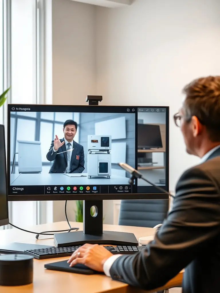 A split-screen showing a Chinese supplier presenting their latest energy storage technology on one side and a European buyer expressing interest on the other, during a PowerMatch virtual meeting.