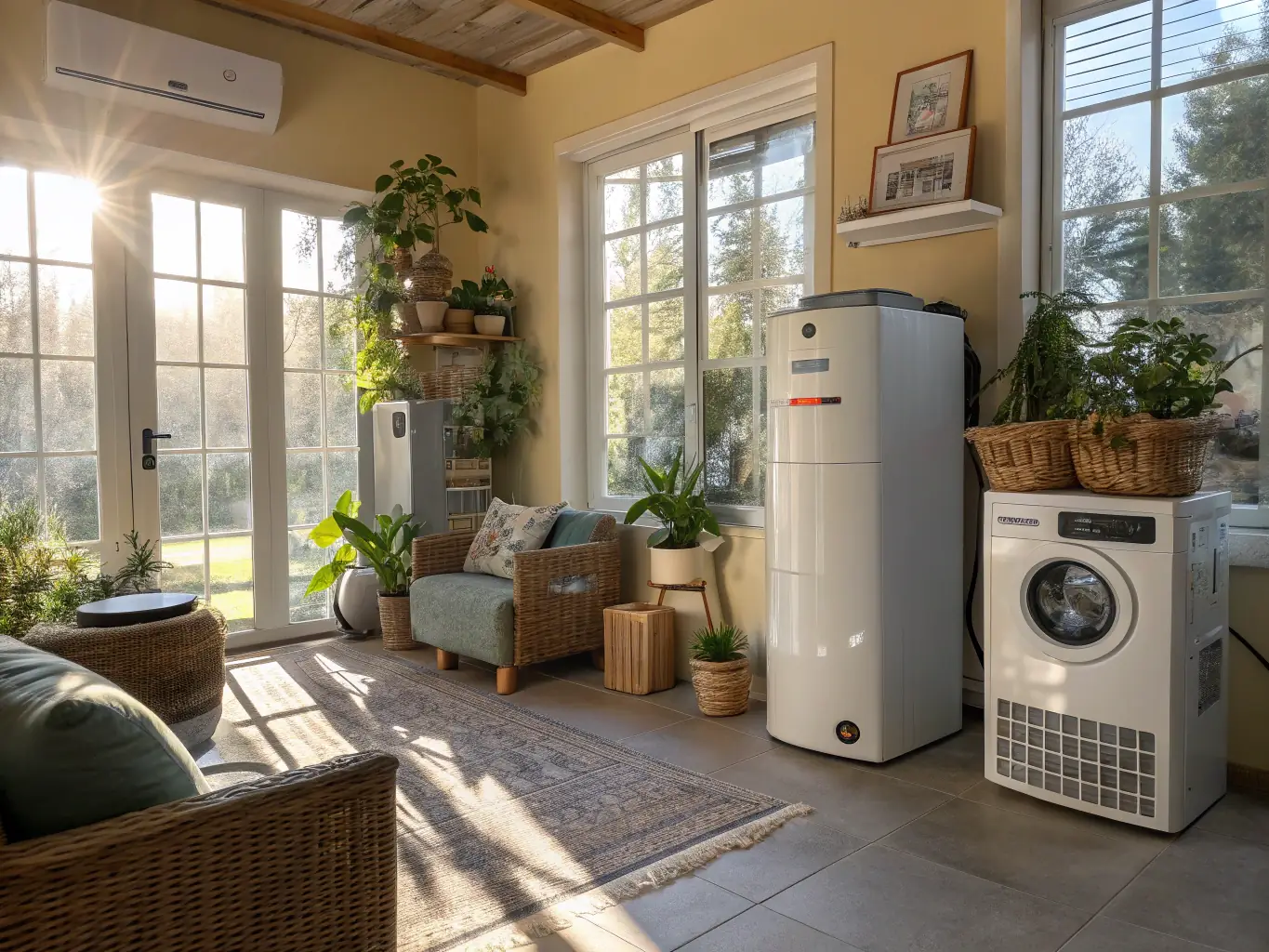 A modern, eco-friendly smart home image featuring energy-efficient appliances and sustainable building materials, representing intelligent living.