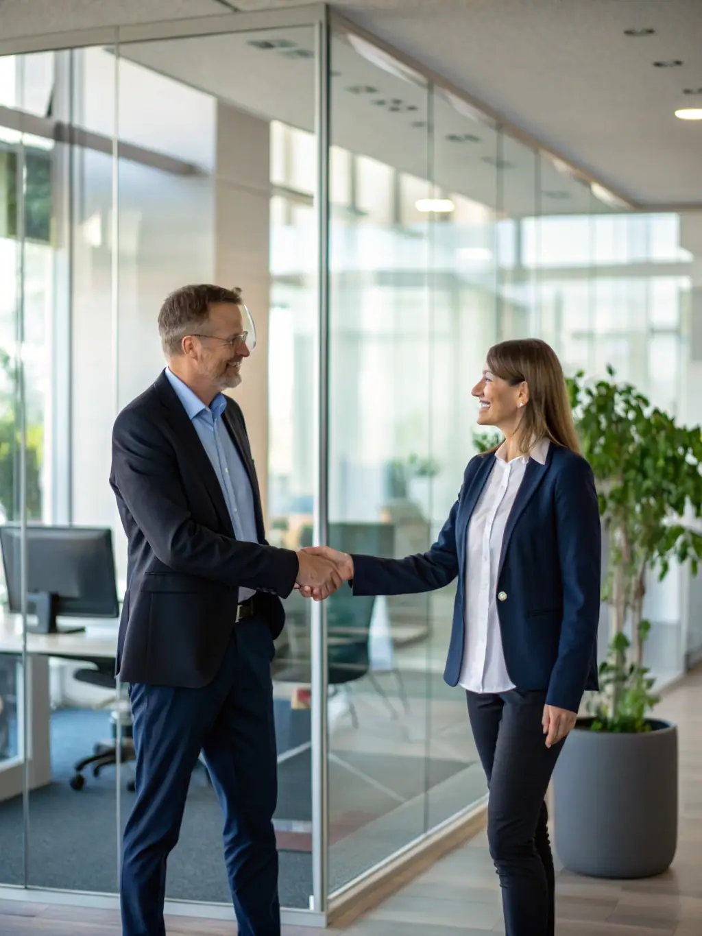 Two executives from European renewable energy companies are shaking hands, symbolizing a newly formed strategic partnership facilitated by the PowerMatch event.