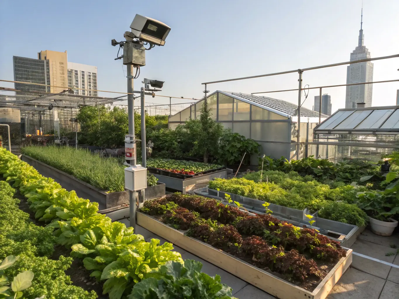 A vibrant image showcasing a vertical farm producing organic vegetables within an urban setting, emphasizing sustainable food production.