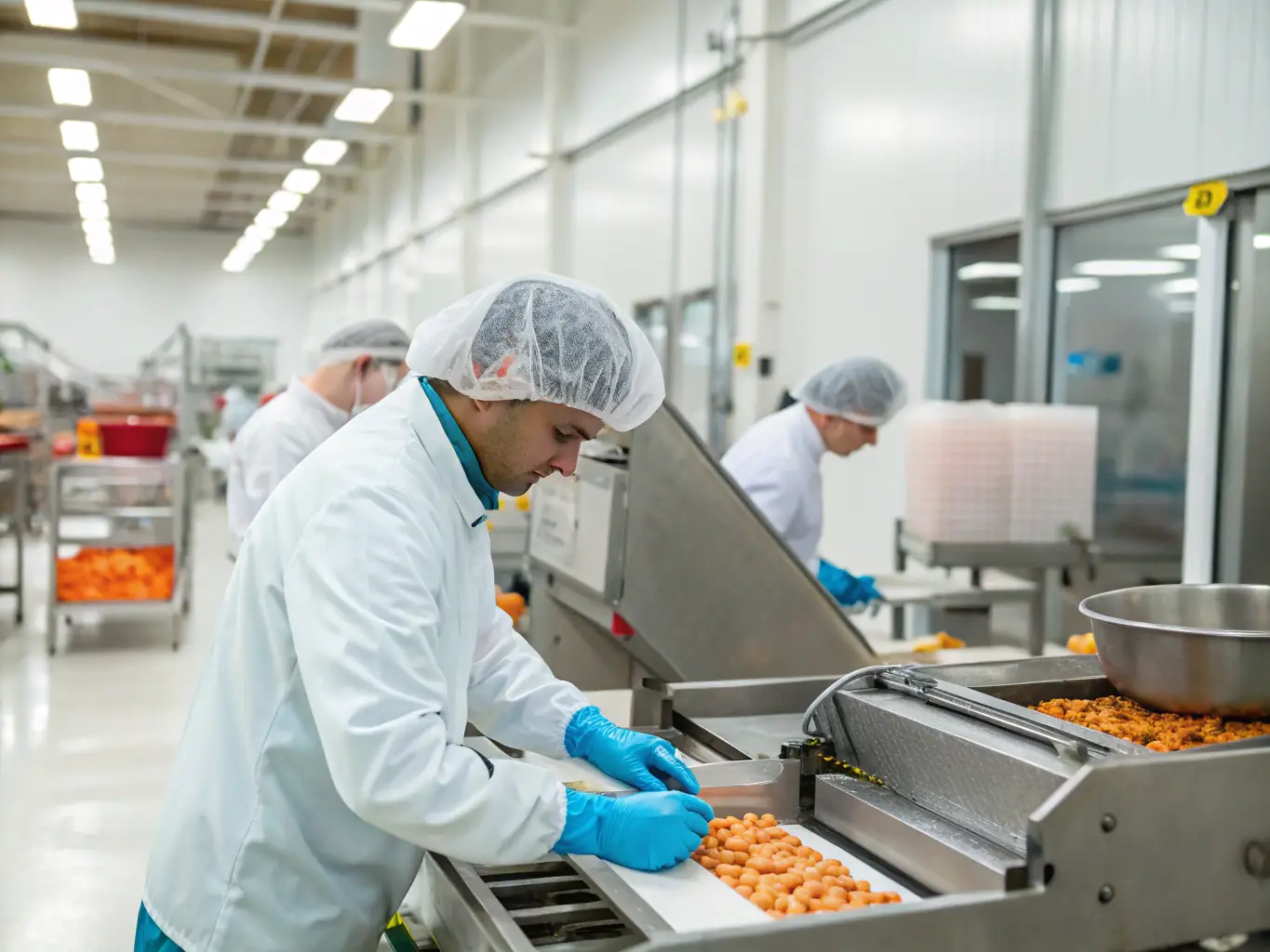 A photograph of Baihuifood's GMP-certified manufacturing facility, showing state-of-the-art equipment and technicians in sterile environments. The image highlights the cleanliness and precision of the manufacturing process.