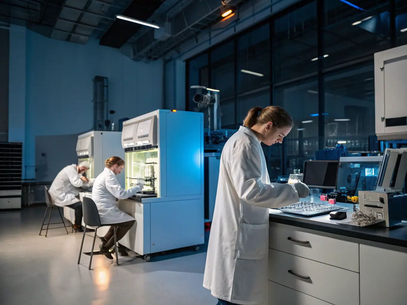 A photograph of Baihuifood's in-house R&D lab, featuring scientists working with advanced equipment and analyzing samples. The image conveys innovation and a commitment to scientific research.