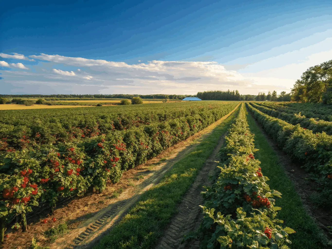 A photograph showcasing Baihuifood's own berry farm, with rows of healthy berry bushes stretching into the distance under a clear blue sky. Workers are carefully tending to the plants, emphasizing the natural and sustainable farming practices.